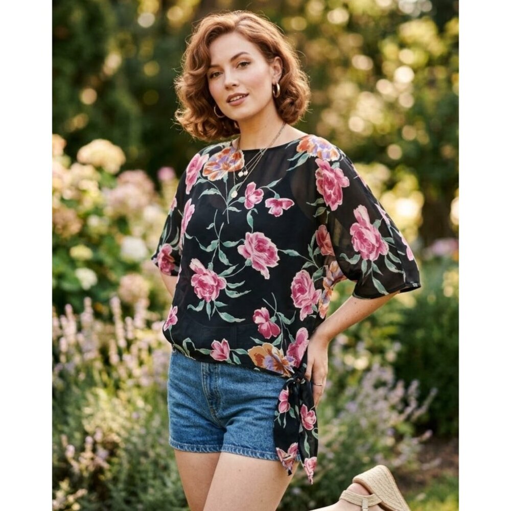 Vintage Teddi of California Floral Print Blouse Top Boxy Oversized Tie Detail XL